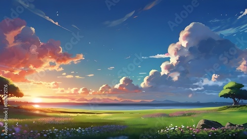 Anime fantasy wallpaper background concept : Dramatic colors of orange, red and yellow fill the sky as the sunsets summer over a majestic landscape of mountains, lake or sea, generative ai