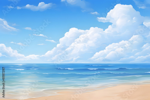 Seashore Serenity, Peaceful Beach Background under Blue Skies, Realistic Beach Landscape. Vector Background