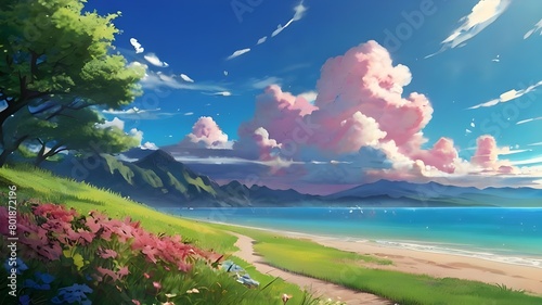 Anime fantasy wallpaper background concept : Breathtaking blue sky and fluffy white clouds dominate a scenic summer landscape with a calm lake reflecting the beauty above, generative ai