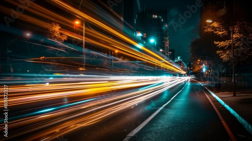 A long exposure shot of traffic lights streaking through the night sky, capturing the constant motion of urban life.