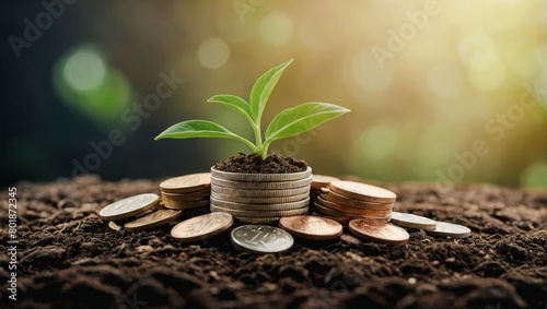 Investment growth and financial stability concept. Hands stacking coins with growing plant coins for finance and business concept.