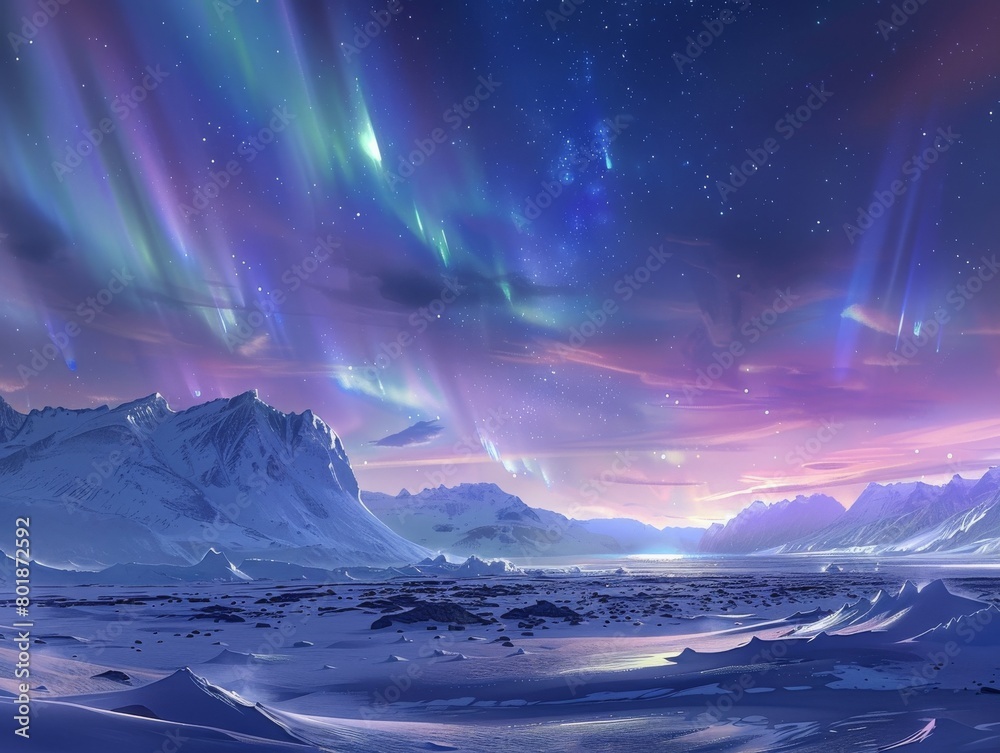 Capture the mesmerizing beauty of the aurora borealis in a frozen landscape. Capture the mesmerizing beauty of the aurora borealis in a frozen landscape.