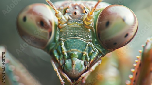 A macro shot capturing the intricate details of a mantis's compound eyes, reflecting the world around it.