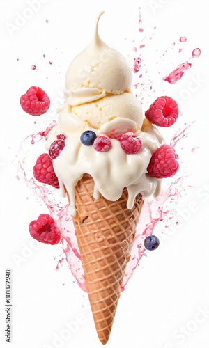Ice cream with berries in a waffle cone on a white background.
