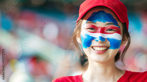 A joyful Korean woman with her face painted in the white and red and blue colors of the Korea flag, cheering at a football match, with a blurred stadium background. AI Generative