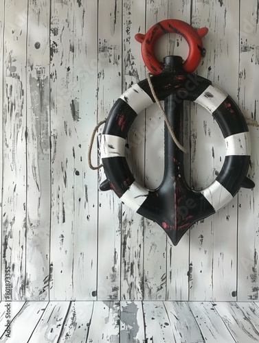 Black and white anchor with red and white rope around it
