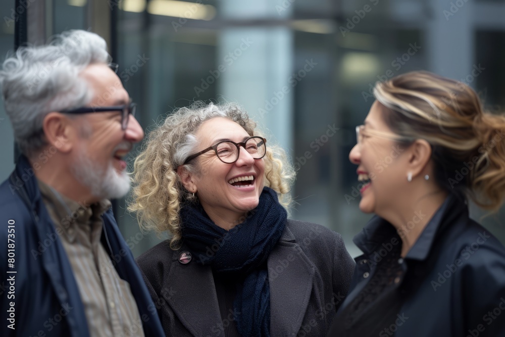 Portrait of three smiling senior businesspeople talking in the street. Portrait of three smiling senior businesspeople talking in the street.