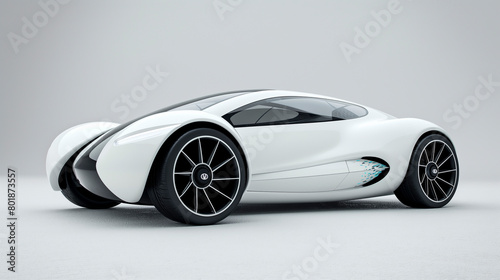 A sleek white vehicle with futuristic automotive design features, including alloy wheels, hubcaps, and automotive lighting, is parked on a white surface