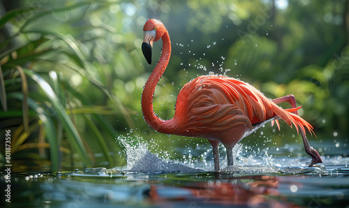 A vibrant flamingo wades in water amidst splashes, highlighted by sunlight. Generate AI photo