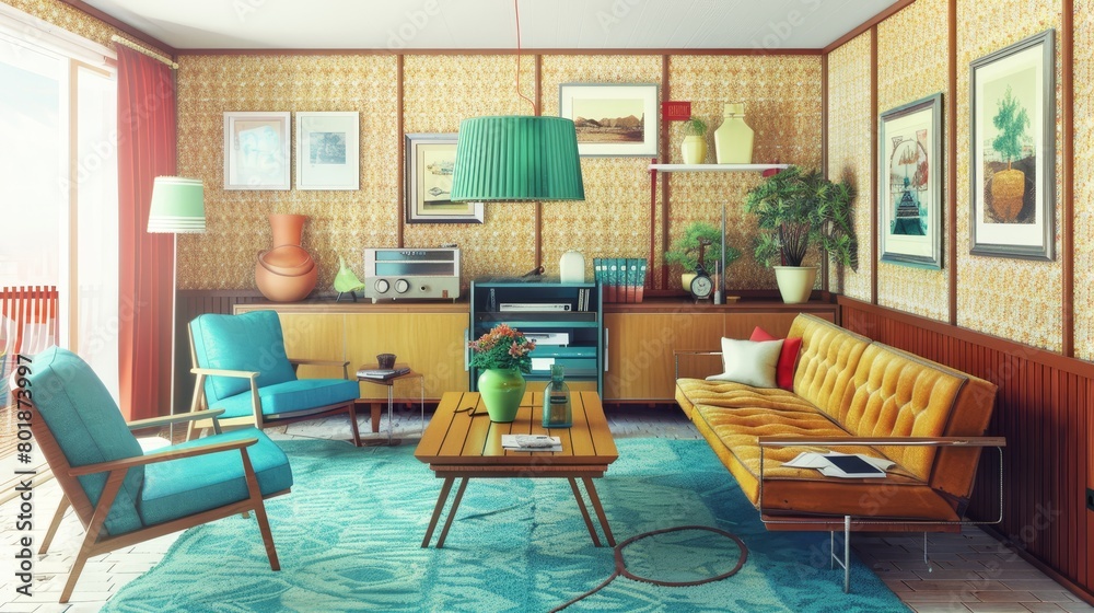 Eclectic young person's living room with a retro 60s flair, featuring vintage furniture, colorful retro patterns, and nostalgic decorative accents