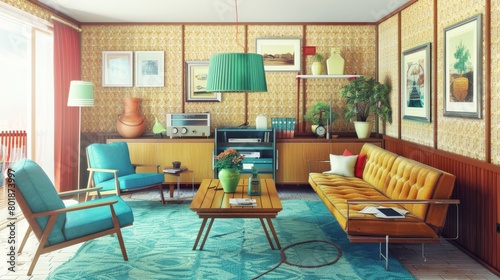 Eclectic young person s living room with a retro 60s flair  featuring vintage furniture  colorful retro patterns  and nostalgic decorative accents