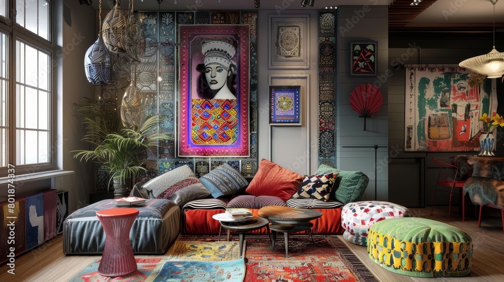 Dynamic and eclectic interior, perfect for a young person, featuring a harmonious clash of traditional and modern pieces, vibrant textiles, and eclectic art