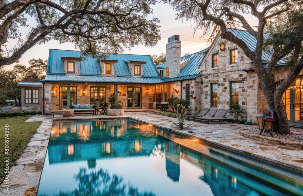 A large pool and house in San Antonio, Texas with a light blue roof. The home is an old stone ranch-style two-story building that has multiple windows and doors on the first floor.