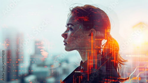 Woman broker against the background of stock quotes. Abstract background. Double exposure. photo