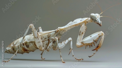 A mantis nymph shedding its old exoskeleton, revealing its soft, vulnerable new form beneath. photo
