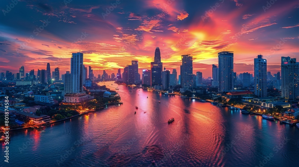 Fototapeta premium Night Cityscape With Tall Buildings