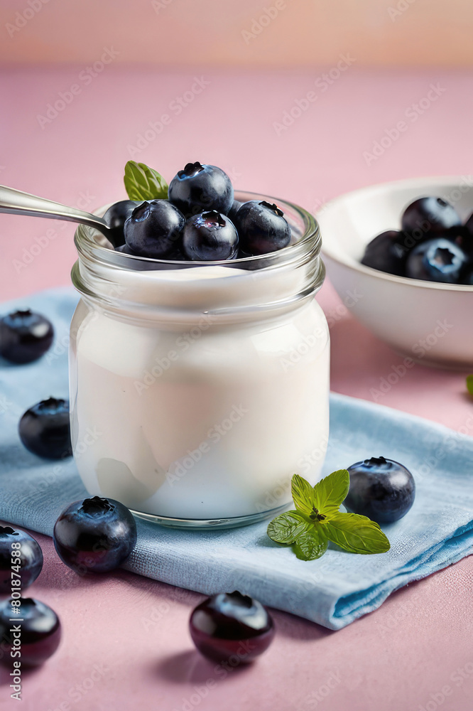 Delicious yogurt or parfait with blueberry sauce and blueberry in glass jar on a pastel background, summer breakfast. Delicious yogurt or parfait with blueberry sauce and blueberry in glass jar on a pastel background, summer breakfast.