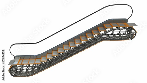 Escalator moving up, escalator device inside, vertical transportation. 3d animation isolated on white