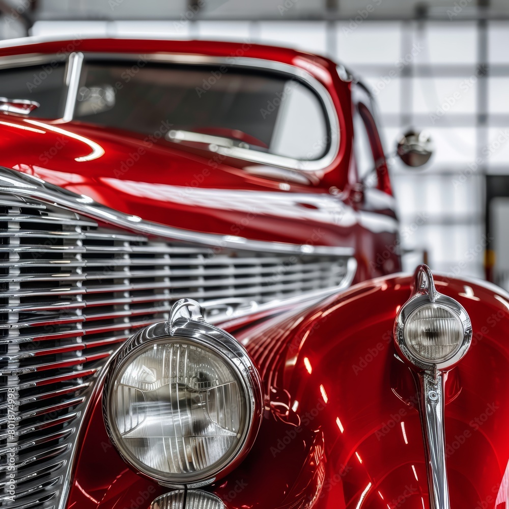 Detailed close-up of a red vintage automobile's grille and headlights in a gray garage, capturing the essence of automotive history and design
