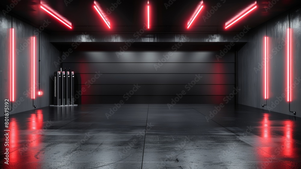 Digital rendering of an empty black garage with an ambient glow from red neon lights, perfect for a backdrop in virtual reality environments