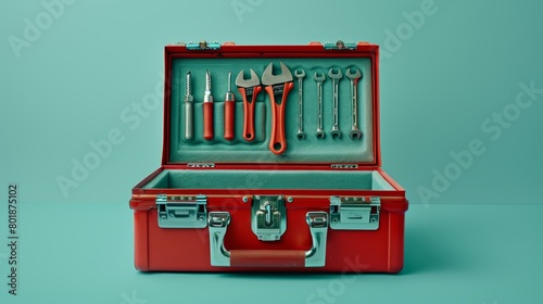 Detailed shot of an open red toolbox with tools neatly organized, set against a fresh mint background, ideal for crafting and repair project themes photo