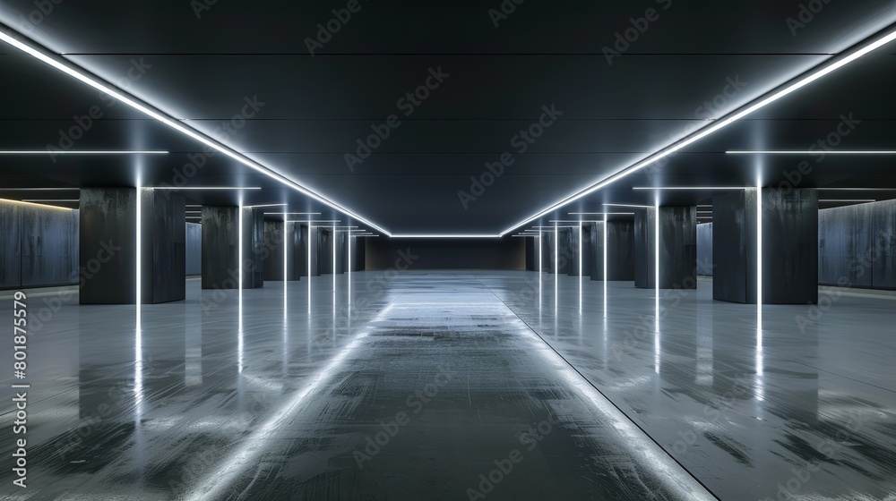 Dark, expansive underground garage hallway designed with a glossy concrete floor and elegant white lighting, perfect for hosting sophisticated events or product launches