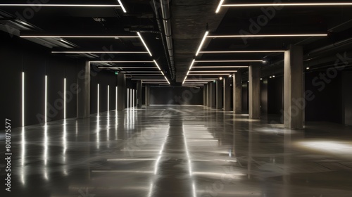 Dark, expansive underground garage hallway designed with a glossy concrete floor and elegant white lighting, perfect for hosting sophisticated events or product launches photo