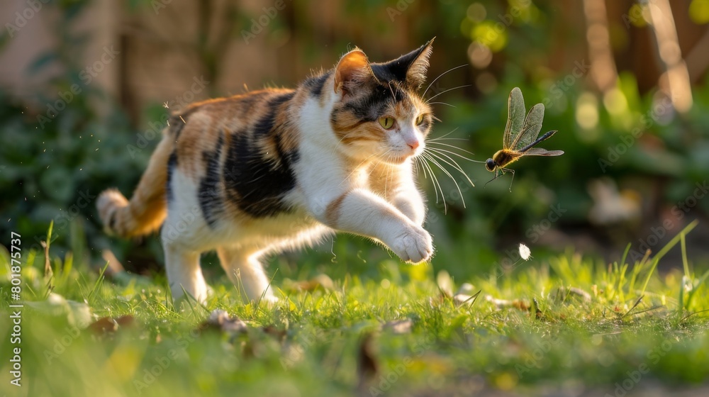 A mischievous calico cat playfully chasing after a darting dragonfly in the backyard.