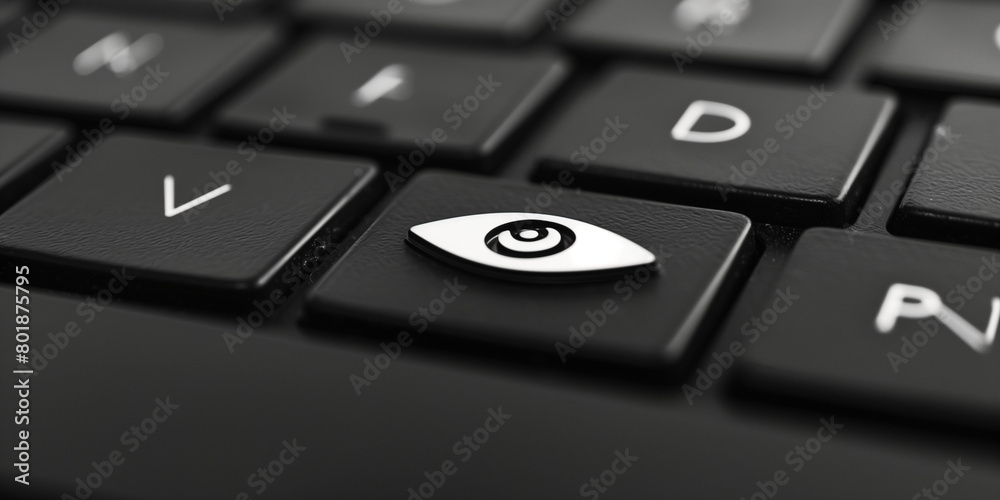 A close-up shot of a button on an AI keyboard, featuring an eye icon symbolizing surveillance or observation. Against a black and white background, the image exudes a sleek and futuristic vibe A close-up shot of a button on an AI keyboard, featuring an eye icon symbolizing surveillance or observation. Against a black and white background, the image exudes a sleek and futuristic vibe