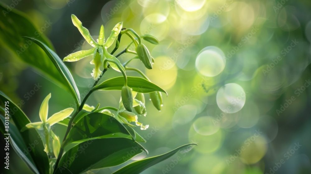 a vanilla orchid plant in a natural, tropical setting, where the delicate green vines are intertwined with the surrounding flora a vanilla orchid plant in a natural, tropical setting, where the delicate green vines are intertwined with the surrounding flora