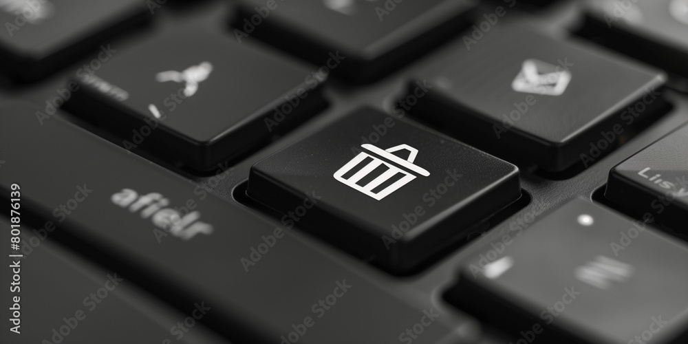 A close-up shot of a button on an AI keyboard, featuring a garbage can icon symbolizing deletion or removal. The image depicts technology and digital interface concepts, ideal for illustrating AI 