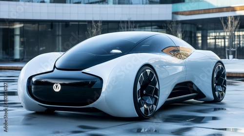 A futuristic black and white car is parked in front of a building, showcasing sleek automotive design with its hood, grille, wheels, and automotive lighting © Bogdan Pictures