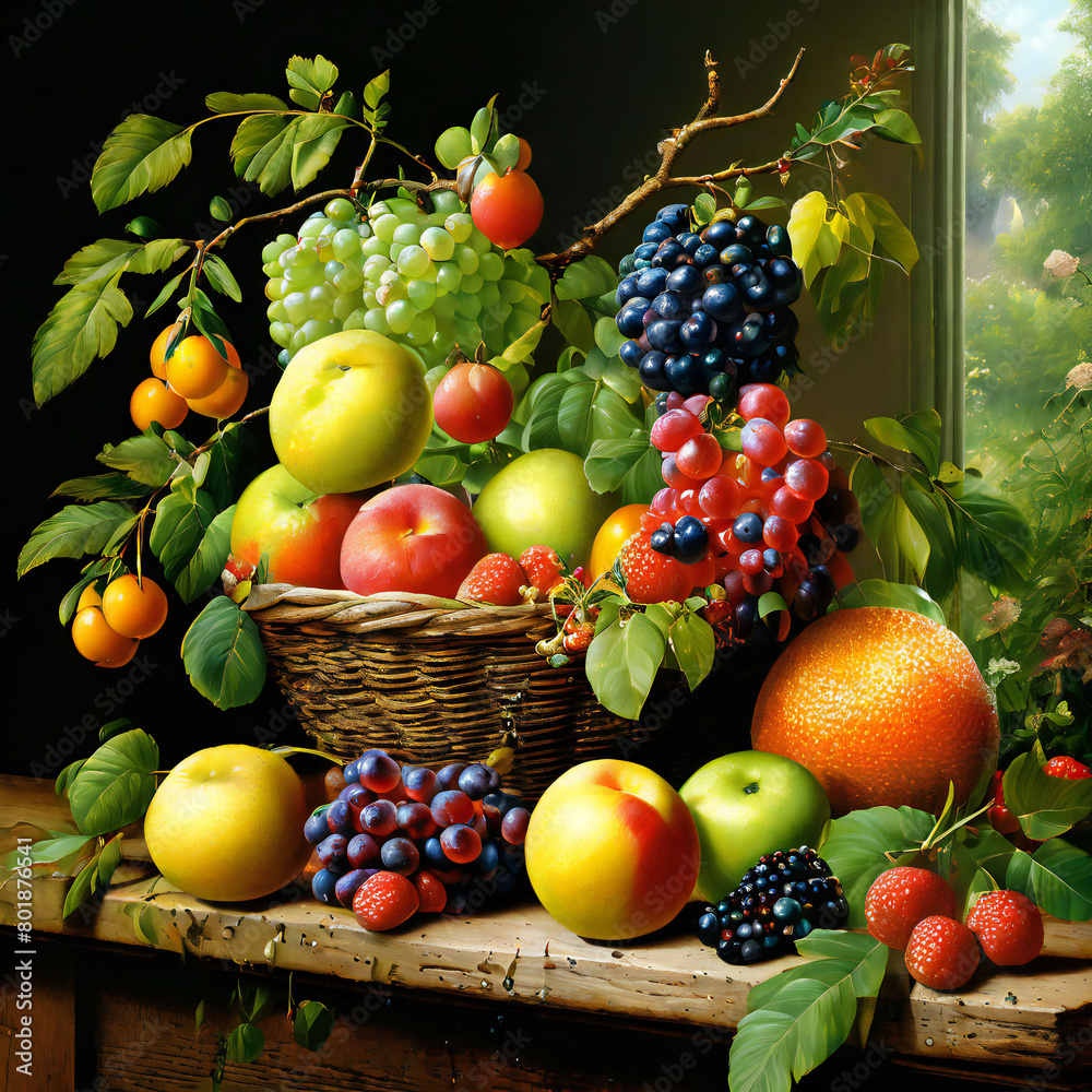 Fruits and vegetables berries in basket digital ai art illustration image design. Fruits and vegetables berries in basket digital ai art illustration image design.
