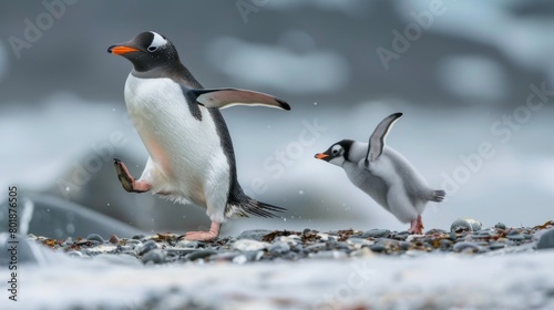 A mother penguin waddling back to her nest after a successful fishing trip  ready to feed her eagerly awaiting chick.