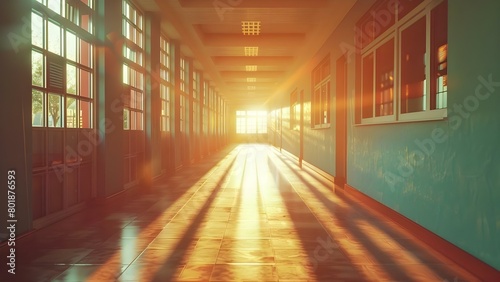 3D rendering of a nostalgic school hallway with morning sunlight streaming in . Concept School Environment, Nostalgia, 3D Rendering, Morning Sunlight, Hallway Design