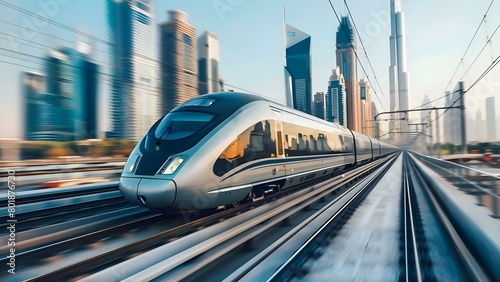High-speed maglev train races along elevated track against futuristic cityscape. Concept Futuristic Technology  High-speed Transportation  Urban Development  Modern Infrastructure