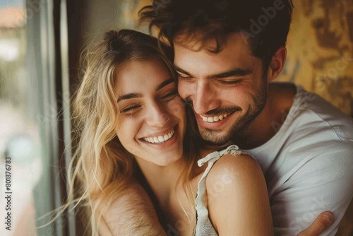 Beautiful young couple in love having fun, hugging and smiling together, Generative AI