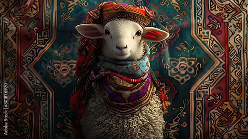 A charming image of a lamb wearing a traditional Eid outfit, complete with a fez hat and a colorful scarf, posing against a backdrop of ornate patterns photo