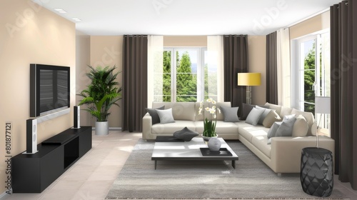Contemporary young adult's living room, accentuated with earthy tones like caramel and taupe, offering a perfect blend of style and comfort © Paul