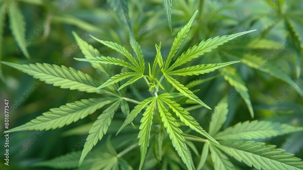 Close-Up of Medicinal Cannabis Leaves in a Plantation. Concept Cannabis Leaves, Medicinal Plants, Close-Up Photography, Plantation Views