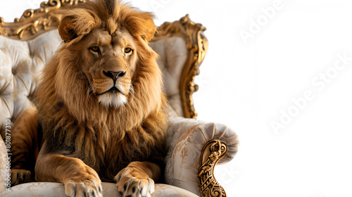 Royal lion sitting on a throne closeup isolated on white  generative ai