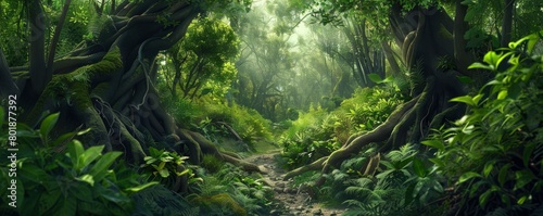 A forest with a path through it. The path is surrounded by trees and bushes. The forest is lush and green  with sunlight filtering through the leaves