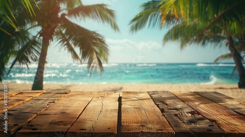 Idyllic tropical beach scene viewed from a weathered wooden boardwalk  shaded by lush palms.