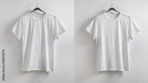Men's white blank T-shirt template,from two sides, natural shape on invisible mannequin, for your design mockup for print, isolated on white background,Vintage background with blank t-shirt 
