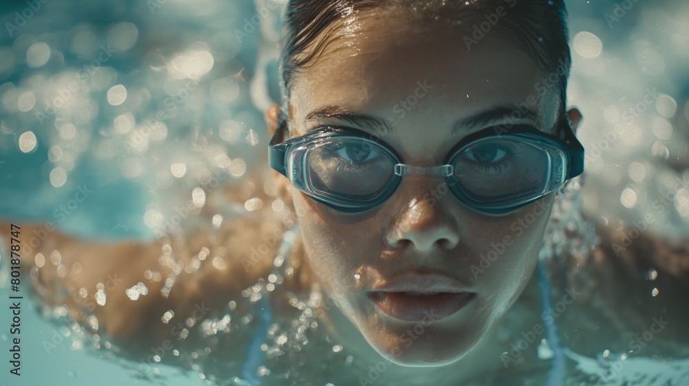 Naklejka premium In the midst of aquatic adventure, a young swimmer's determination shines through, her focused gaze peering through the lenses of her swimming goggles. A woman involved in water sports