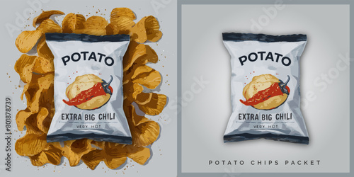 Vector Crispy hot big chili potato chips packet bag design