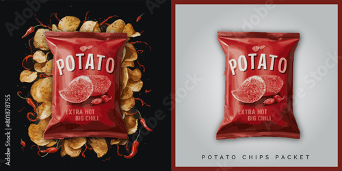Vector Crispy wavy potato chips with realistic package  bag design