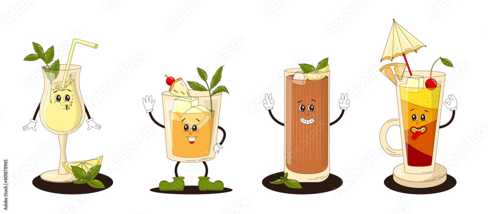 A set of fun groovy-style beach cocktails.A set of retro posters or postcards for a summer cafe with funny characters walking around the city. Characters from the 60s in a modern clockwork style. A set of fun groovy-style beach cocktails.A set of retro posters or postcards for a summer cafe with funny characters walking around the city. Characters from the 60s in a modern clockwork style.
