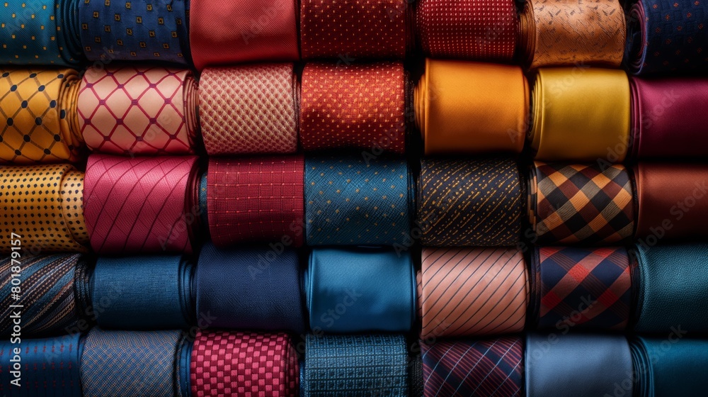Rows of neatly arranged ties in various colors and patterns showing options for formal attire, Concept of fashion, choice, and personal style