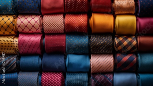 Rows of neatly arranged ties in various colors and patterns showing options for formal attire, Concept of fashion, choice, and personal style